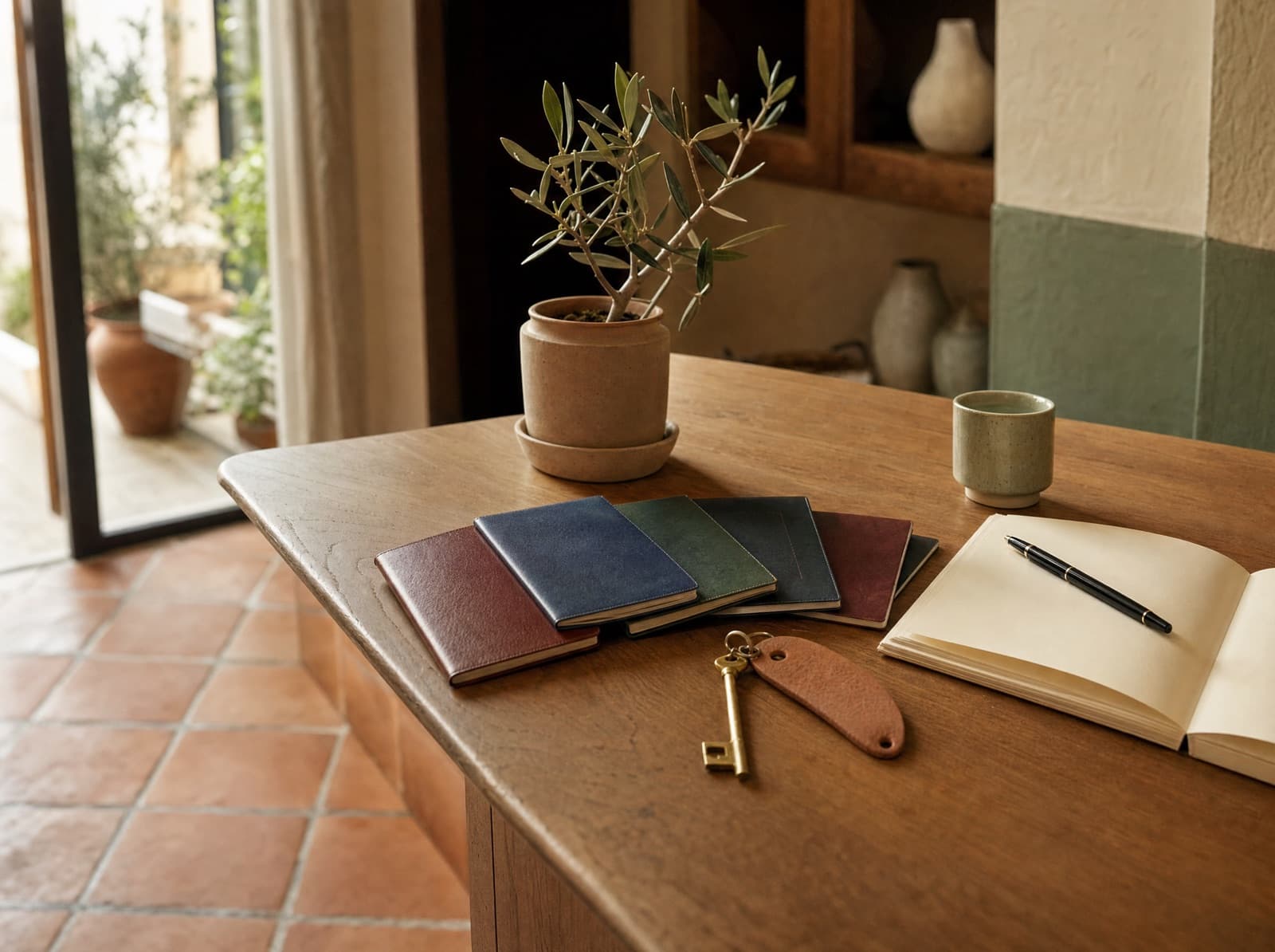Bancone in legno all'ingresso di una casa vacanze: libretti di documenti di colori diversi aperti a ventaglio, una chiave d'ottone con portachiavi in cuoio, un ulivo in vaso e un quaderno aperto con la penna.