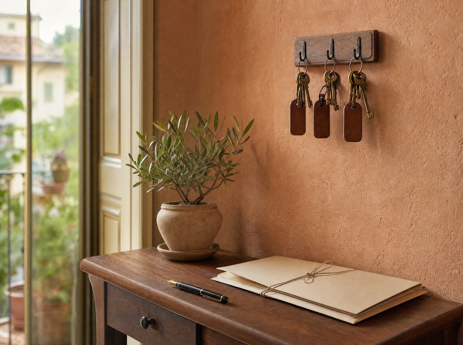 Ingresso di un appartamento italiano con tre mazzi di chiavi appesi a una mensola di legno sul muro color terracotta, una cartellina legata con lo spago, una penna stilografica e un piccolo olivo in vaso.