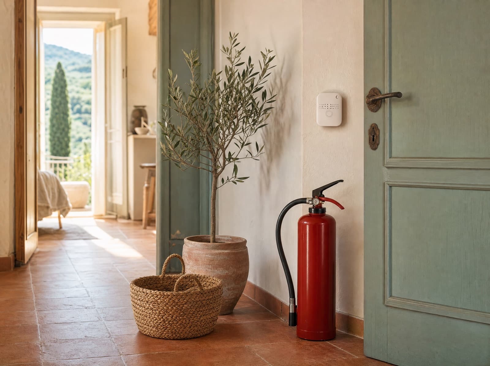 Ingresso di un appartamento italiano con pavimento in cotto: un estintore rosso a terra accanto a una porta verde salvia, un rilevatore bianco sulla parete color crema, un cestino di vimini e un piccolo ulivo in vaso.